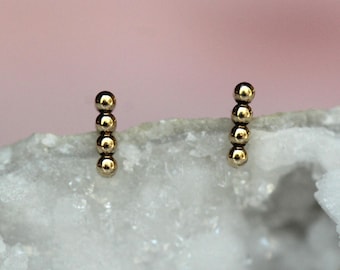 Solid 14K Gold Beaded Long Bar Studs