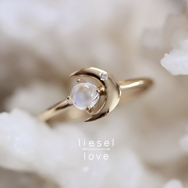 14K Gold Moonstone Diamond Ring, "Moon of My Life" Ring, Moonstone, Moonstone Ring, Astrology Ring, Blue Flash, Rainbow, Solid Gold