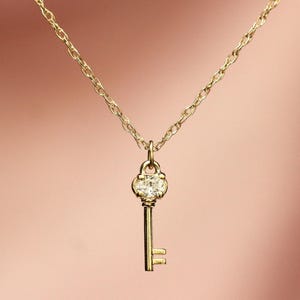 May include: A gold-toned necklace featuring a delicate chain and a small key-shaped pendant. The head of the key is adorned with a single, clear, oval-cut gemstone set in a gold-toned metal frame, suspended from a simple jump ring on the chain.