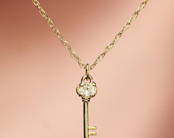 14K Gold Diamond Diary Key Pendant, Key Necklace, Skeleton Key Charm, Key Charm, Diamond Charm, Natural Diamond, 10K Gold, Unique Key