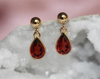 14K Garnet Pear Drop Studs, Tear Shape Garnet, Post Studs, Bezel Garnet, January Birthstone Stud, Red Gemstone, Short Dangle Earrings