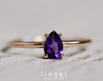 14K Gold Amethyst Ring, "London Calling" Ring, Amethyst Ring, Purple Stone, February Birthstone, Tear Shape Stone, Drop Stone