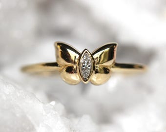 14K Marquise Butterfly Ring, Solid Gold Ring, Marquise Bezel Setting, Diamond Butterfly Ring, New Beginnings Ring, 10K, April Birthstone