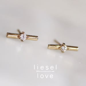 14K Gold Diamond Bar Studs, &quot;Star Gaze&quot; Diamond Studs, Dainty Jewelry, Diamond Earrings, Solid Gold, Bar Earring, Line Studs, Solid Gold