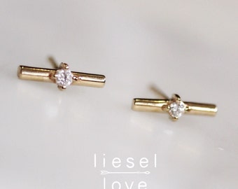 14K Gold Diamond Bar Studs, "Star Gaze" Diamond Studs, Dainty Jewelry, Diamond Earrings, Solid Gold, Bar Earring, Line Studs, Solid Gold