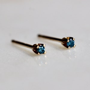 14K Gold Tiny Blue Diamond Studs, Blue Diamond, Diamond Earrings, Tiny Studs, Dainty Earrings, Second Hole Studs, Four Prong Earring image 5