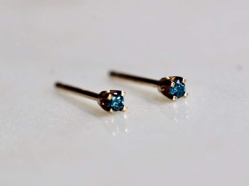 14K Gold Tiny Blue Diamond Studs, Blue Diamond, Diamond Earrings, Tiny Studs, Dainty Earrings, Second Hole Studs, Four Prong Earring image 5