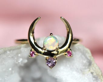 14K Crescent Moon Cluster Ring, 10K, Australian Opal, Pink Sapphire, Amethyst, Moon Ring, Celestial Ring, Multi Stone Ring, Solid Gold