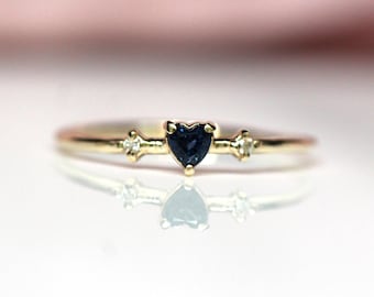 14K Sapphire Heart Ring, Three Stone Ring, September Birthstone, 10K Gemstone Ring, Blue Stone Ring, Tiny Heart Ring, Stacking, Diamond