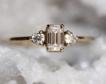 14K Gold Emerald Cut Diamond Ring, Three Stone Ring, Natural Diamond, Lab Made, Moissanite, Step Cut Stone, Engagement Ring, Minimalist