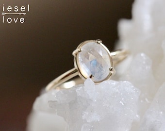 14K Gold Moonstone Ring, "Prism" Ring, Moonstone, Moonstone Ring, June Birthstone, Oval Stone Ring, Four Prong Ring, Rose Cut Stone