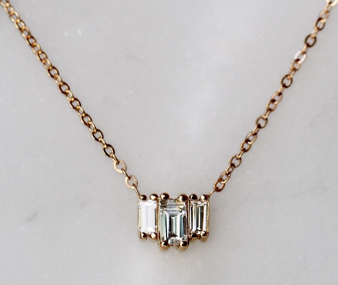 14K Gold Baguette Diamond Necklace, empire Necklace, Diamond Necklace ...