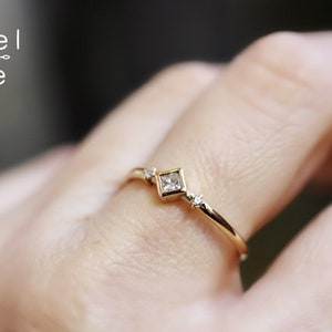 14K Deco Diamond Ring, Square Diamond Ring, Dainty Engagement Ring, Bezel Setting, Simplistic Ring, Three Stone Ring, Princess Cut image 6