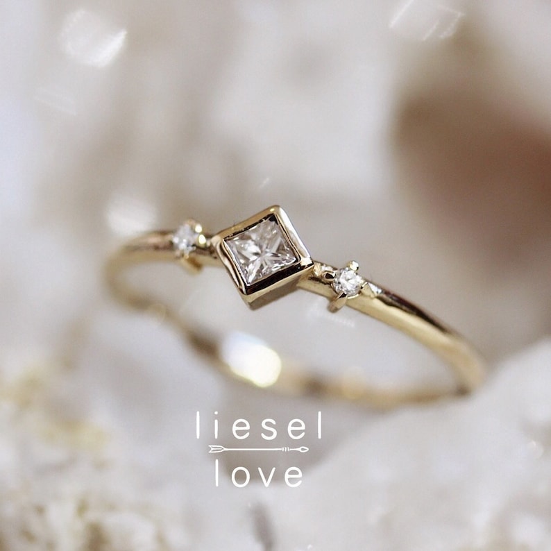 14K Deco Diamond Ring, Square Diamond Ring, Dainty Engagement Ring, Bezel Setting, Simplistic Ring, Three Stone Ring, Princess Cut image 1