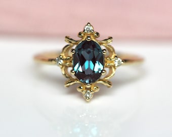 14K Gold Filigree Alexandrite Diamond Ring, June Birthstone, Oval Stone, 10K Gold, Art Deco Style, Statement Ring, Color Changing