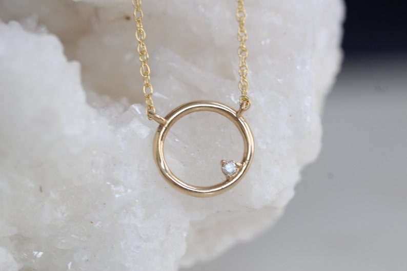 14K Open Circle Diamond Necklace, Round pendant Necklace, Layering Necklace, April Birthstone, Open Pendant, Lightweight, Everyday Wear image 3