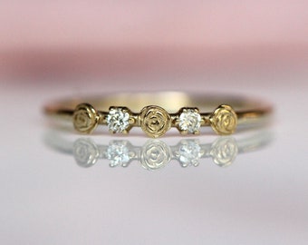 14K Triple Flower Ring, Diamond Rose Ring, Boquete Ring, Stacking Ring, 10K Gold, Real Gold, Solid Gold, Dainty Flower Ring, Rose Ring