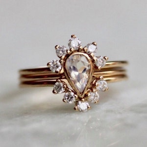 14K Gold Moonstone Diamond Ring Set, "Jubilee" Ring Set, Halo, Pear Bezel, Moonstone Engagement Ring, Engagement Ring Set