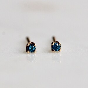 14K Gold Tiny Blue Diamond Studs, Blue Diamond, Diamond Earrings, Tiny Studs, Dainty Earrings, Second Hole Studs, Four Prong Earring image 4