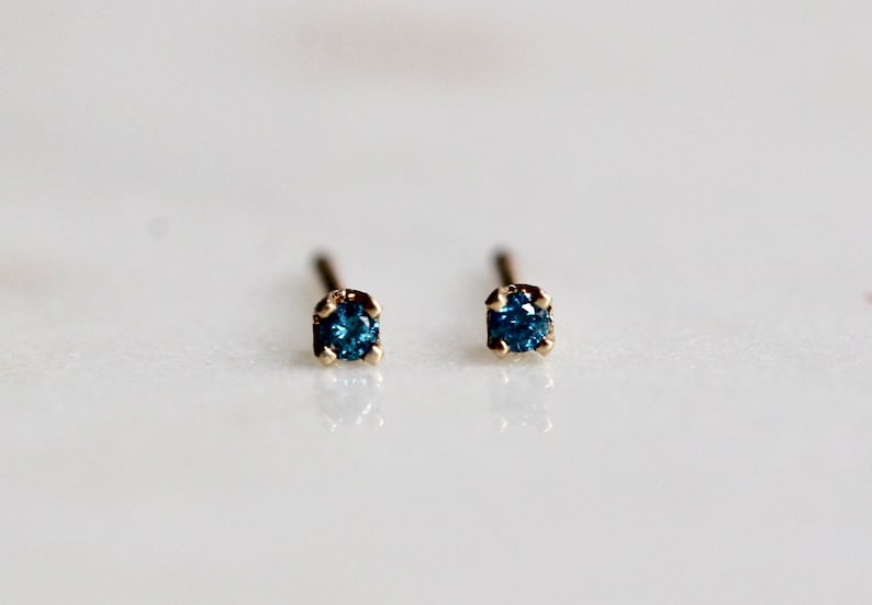 14K Gold Tiny Blue Diamond Studs, Blue Diamond, Diamond Earrings, Tiny Studs, Dainty Earrings, Second Hole Studs, Four Prong Earring image 4