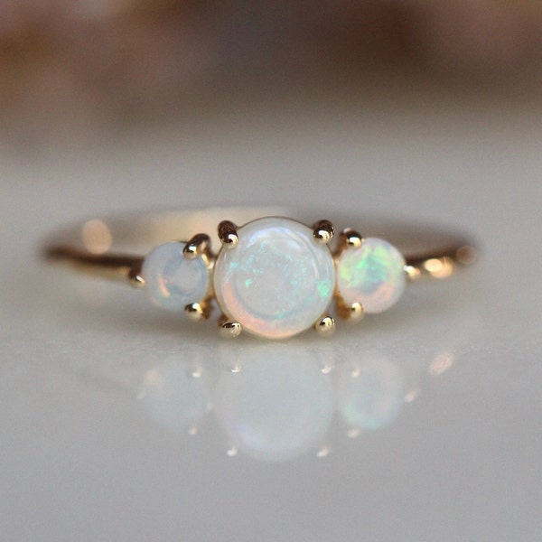 14K Gold Opal Ring, Three Stone Ring, October Birthstone, 10K Opal Jewelry, Dreamy, Australian Opal, Color Changing Gemstone, Round Stone