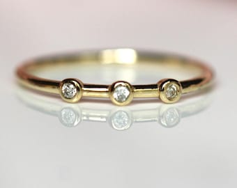 14K Triple Diamond Bezel Ring, Three Stone Ring, Tiny Bezel Ring, Unique Stacking ring, Spaced Out Stones, 10K Gold, Solid Gold Ring