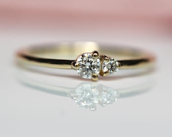 Duo Ring, 14K Gold, 10K Gold, Two Stone Ring, Two Stone Sizes, Natural Diamond Ring, Engagement Ring, Solid Gold, Lab, Round