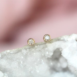 14K Gold Diamond Bezel Studs, Second Hold Stud, Diamond Earrings, Everyday Wear, Solid Gold, Post Studs, Round Stone, Tube Bezel Stud