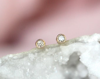 14K Gold Diamond Bezel Studs, Second Hold Stud, Diamond Earrings, Everyday Wear, Solid Gold, Post Studs, Round Stone, Tube Bezel Stud