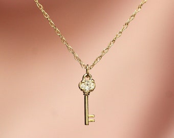 14K Gold Diamond Diary Key Pendant, Key Necklace, Skeleton Key Charm, Key Charm, Diamond Charm, Natural Diamond, 10K Gold, Unique Key