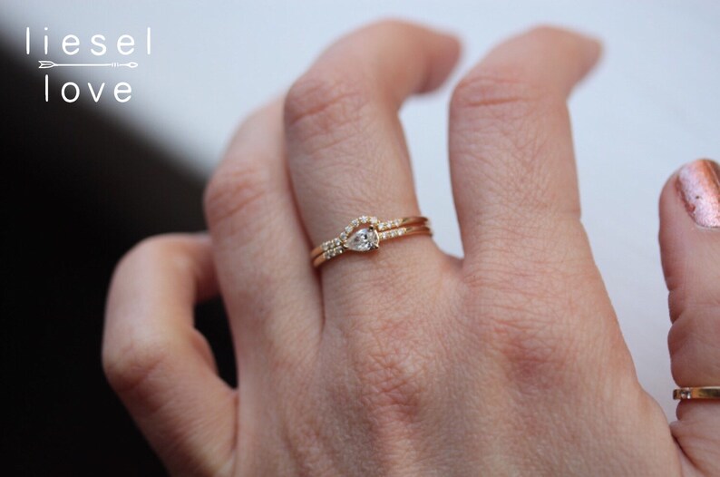 14K Gold Pear Diamond Engagement Ring Set, Perfect Pear Ring Set, Engagement Ring, Dainty Engagement Ring, Diamond Ring, Dainty Ring image 5