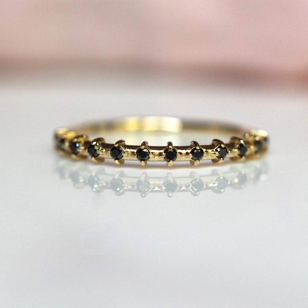 14K Gold Black Diamond Half Eternity Band, Diamond Ring, Wedding Ring ...