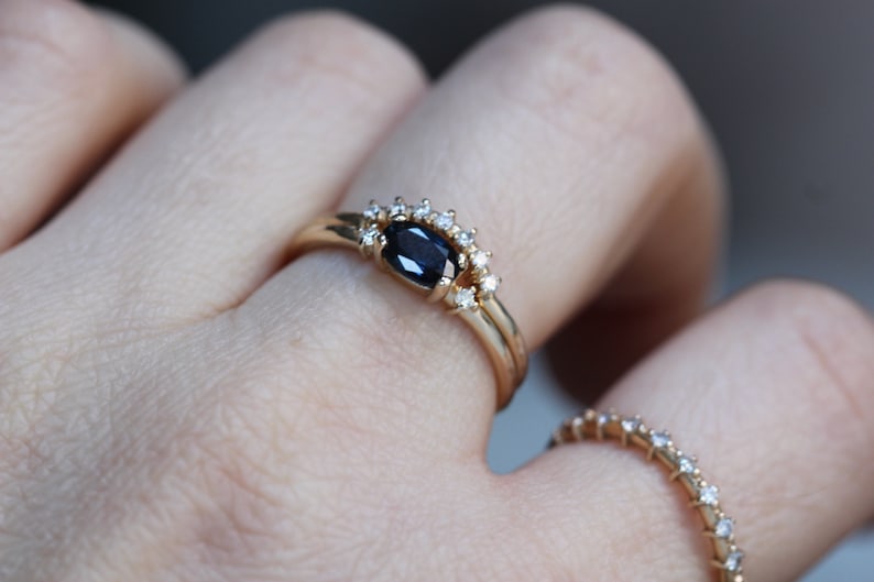 14K Gold Blue Sapphire Diamond Bridal Set, Engagement Ring, Ring Set, Stacking Ring, September Birthstone, Gemstone Engagement, Oval Stone image 7