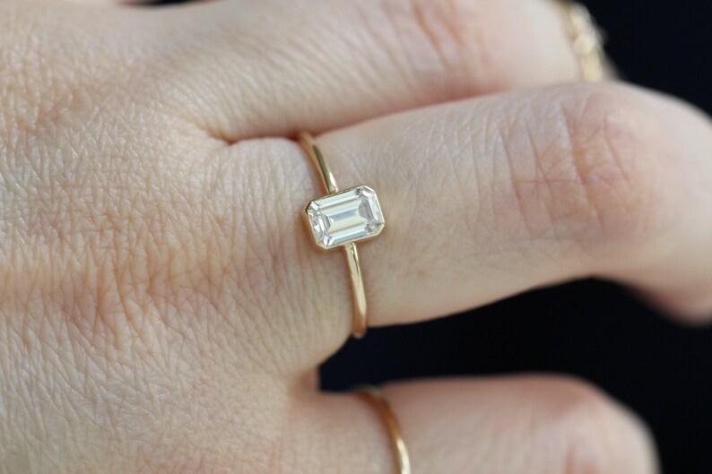 14K Gold Octagon Moissanite Ring, Emerald Cut Bezel, Moissanite Engagement Ring, Solitaire Ring, Diamond Substitute, Step Cut stone image 7