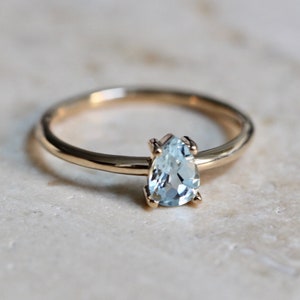 14K Gold Aquamarine Pear Solitaire Ring, Tear Shape Ring, Gemstone Engagement Ring, Light Blue Stone, Aqua Stone, Pear Shape, Drop Shape image 4