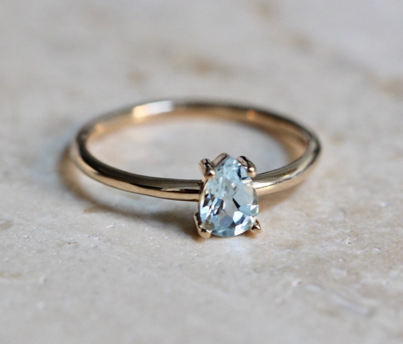 14K Gold Aquamarine Pear Solitaire Ring, Tear Shape Ring, Gemstone Engagement Ring, Light Blue Stone, Aqua Stone, Pear Shape, Drop Shape image 4