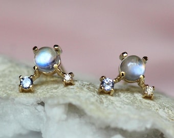 14K Gold Moonstone Diamond Tanzanite "Orbit" Studs