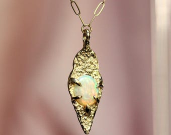 10K One of a Kind Opal Shield Pendant, Opal Necklace, Australian Opal, October Birthstone, OOAK, Claw Prong, Layering Necklace, Solid Gold