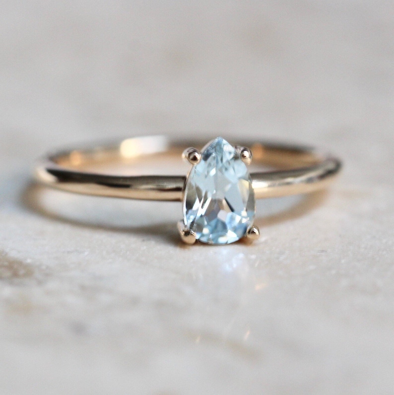 14K Gold Aquamarine Pear Solitaire Ring, Tear Shape Ring, Gemstone Engagement Ring, Light Blue Stone, Aqua Stone, Pear Shape, Drop Shape image 1