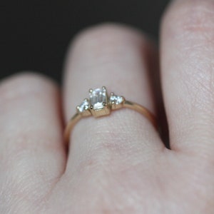 14K Gold Emerald Cut Diamond Ring, Three Stone Ring, Natural Diamond, Lab Made, Moissanite, Step Cut Stone, Engagement Ring, Minimalist image 5