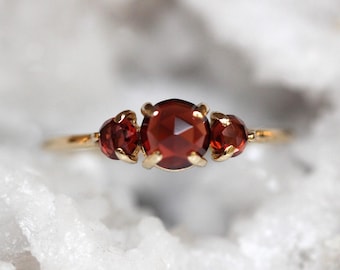 14K Gold Garnet Ring, Three Stone Ring, Rose Cut Garnet, 10K January Birthstone, Triple Stone Ring, Red Stone, Rose-cut Stone