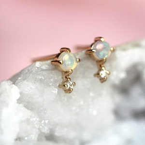 14K Gold Opal Diamond Earrings, Love Drop, Opal Studs, Diamond Earrings, October Birthstone, Two Stone Stud, Australian Opal, Drop Stud image 10