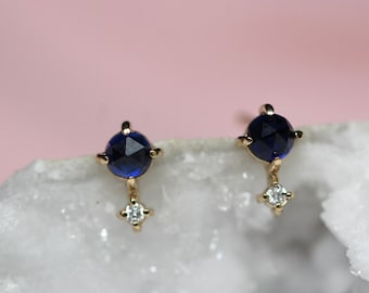 14K Gold Blue Sapphire Studs, Solid Gold Studs, Rose-cut Stone, September Birthstone, Blue Stone, Diamond Sapphire Earrings, Butterfly Backs