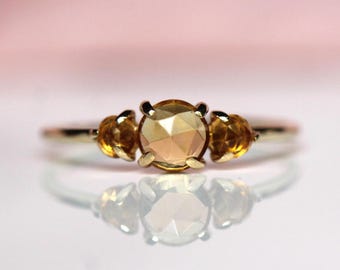 14K Gold Citrine Ring, Three Stone Ring, Rose Cut Citrine, 10K November Birthstone, Triple Stone Ring, Yellow Stone, Rose-cut Stone