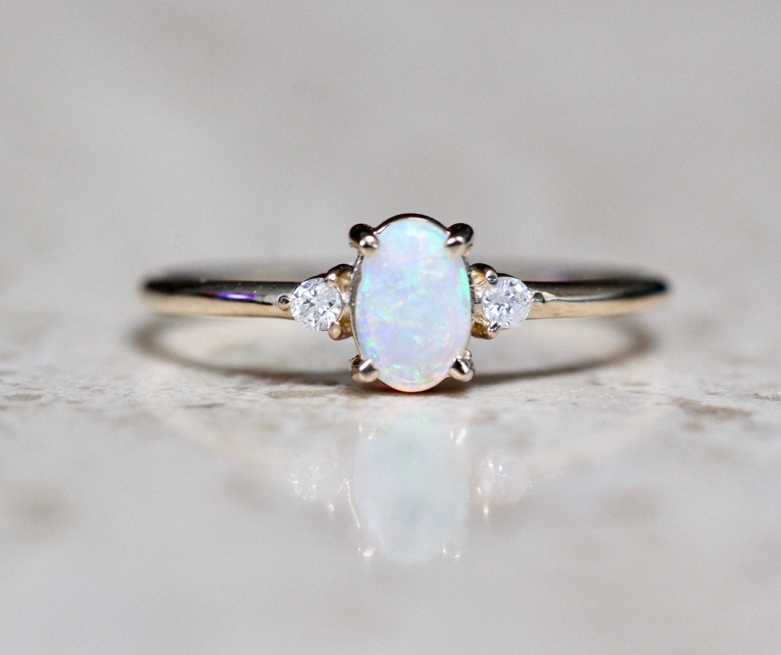 14K Gold Opal Diamond Ring Three Stone Ring Multicolor - Etsy