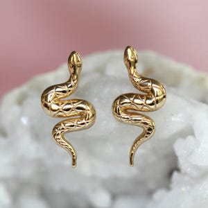 May include: A pair of gold snake stud earrings. The snakes are detailed with a textured, diamond-like pattern.