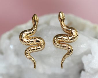 14K Gold Snake Studs, 10K Snake Earrings, Serpent Earrings, Post Studs, Solid Gold, Reptile, Wave Shape, Animal Earrings, Real Gold