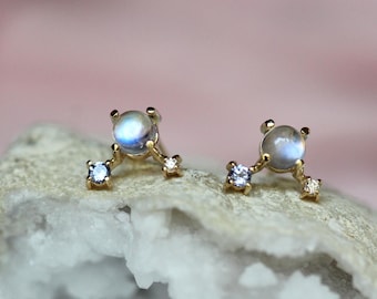 14K Gold Moonstone Diamond Tanzanite "Orbit" Studs