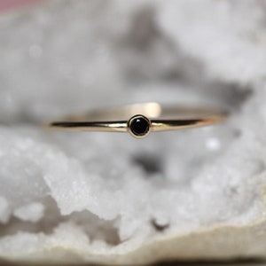 14K Gold Tiny Black Diamond Ring, Black Diamond Ring, Dainty Ring, Dainty Jewelry, 10K Stacking Ring, Black Stone Ring, Bezel Setting