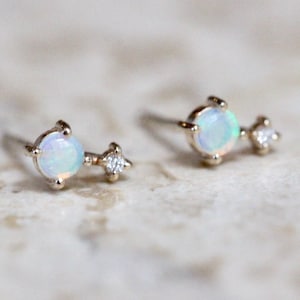 14K Gold Opal Diamond Earrings, Love Drop, Opal Studs, Diamond Earrings, October Birthstone, Two Stone Stud, Australian Opal, Drop Stud image 3